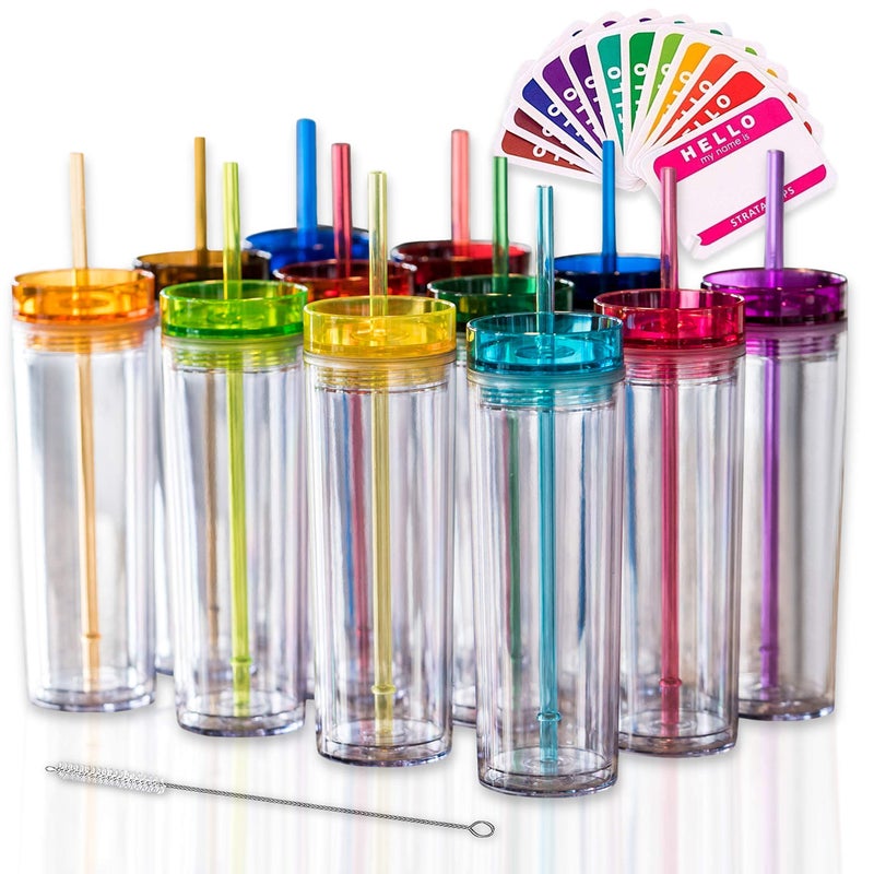 STRATA CUPS 12 Colored Skinny Tumblers with Lids and Straws | 16oz Reusable Cup Double-Wall Clear Tumbler with Lid and Straw, Durable Acrylic Tumblers With FREE Straw Cleaner & Name Tags - Image 1